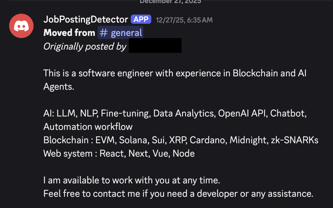 A message being moved to the jobs channel